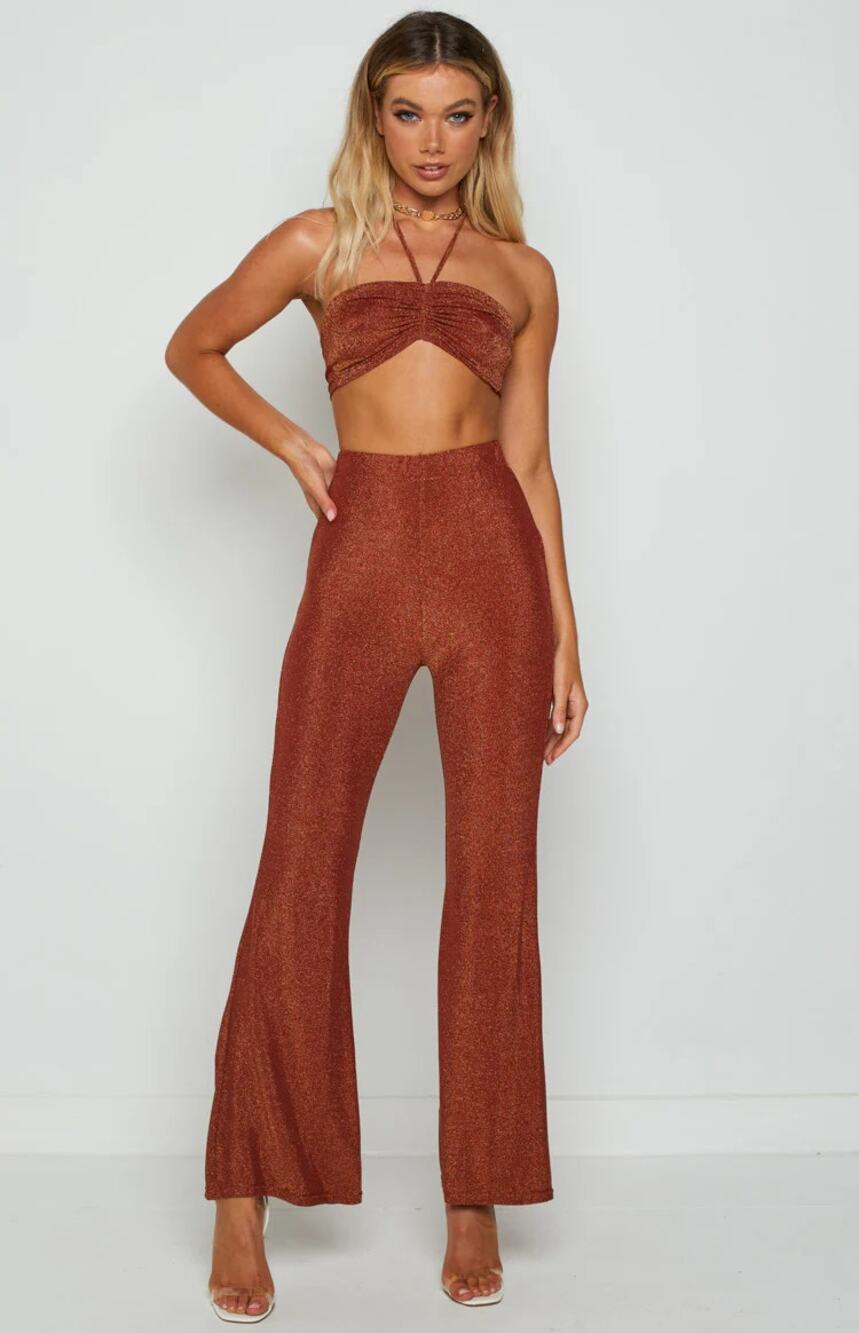 Beginning Boutique Stassie Brown Metallic Glitter Halter Top Flare Pants Set 8